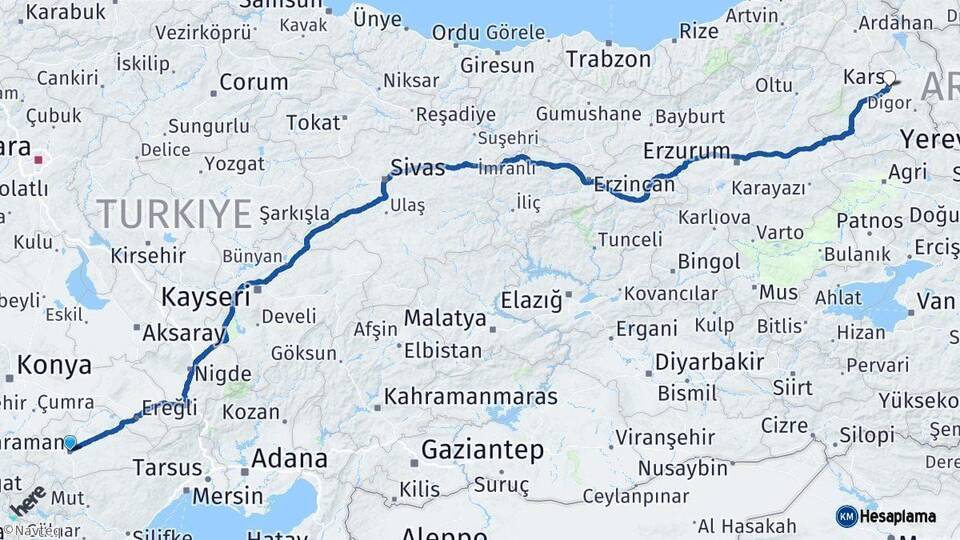 Karaman Kars Arası Kaç Km - Yol Haritası