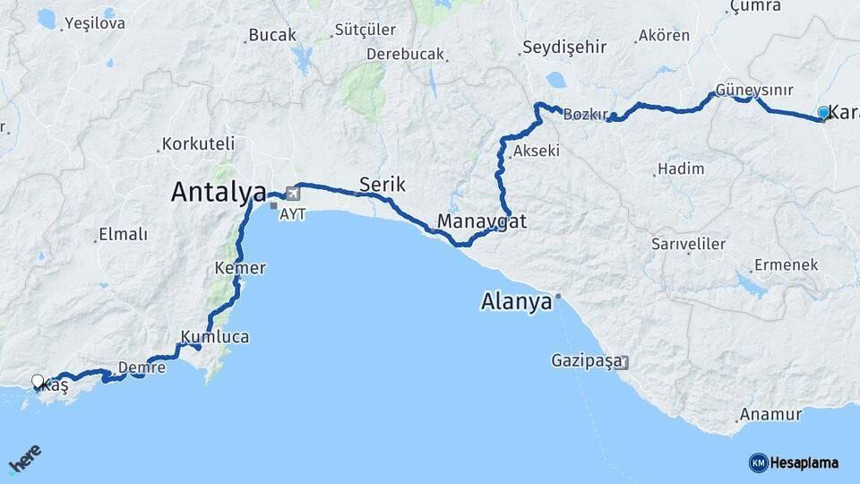 Karaman Kaş Antalya Arası Kaç Km - Yol Haritası