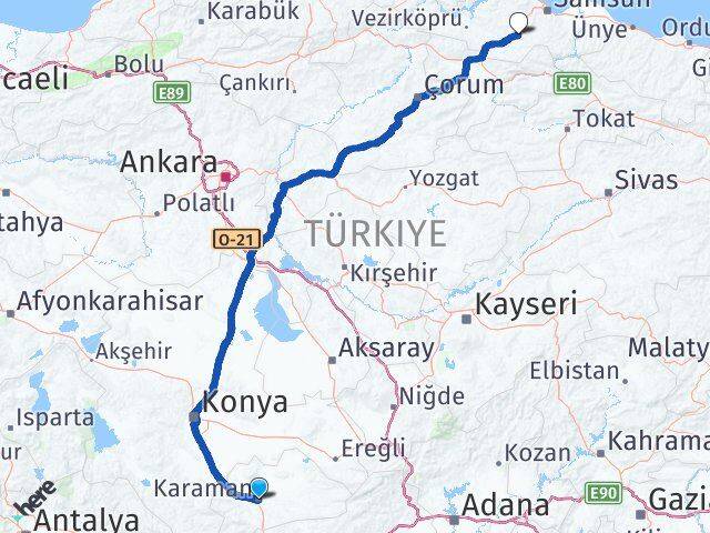 Karaman Kavak Samsun Arası Kaç Km - Yol Haritası