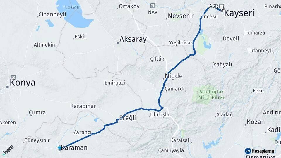 Karaman Kayseri Arası Kaç Km - Yol Haritası