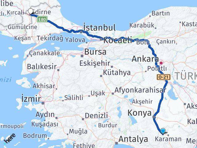 Karaman Kazımkarabekir Edirne Arası Kaç Km - Yol Haritası