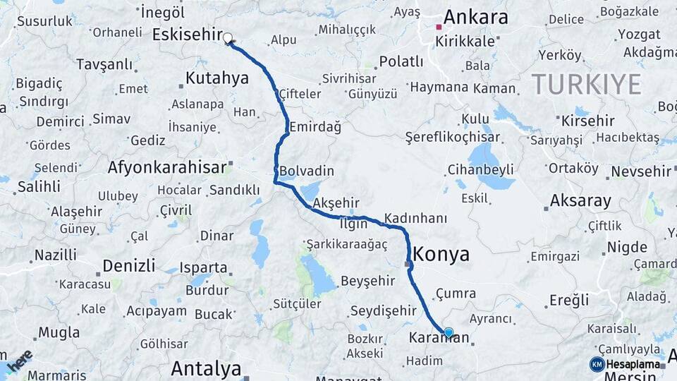 Karaman Kazımkarabekir Eskişehir Arası Kaç Km - Yol Haritası