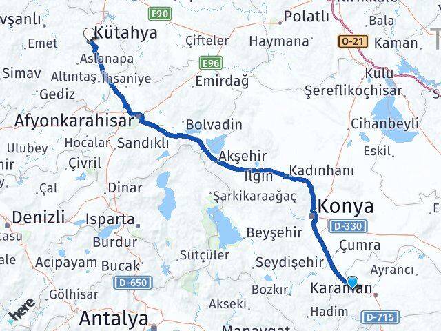 Karaman Kazımkarabekir Kütahya Arası Kaç Km - Yol Haritası