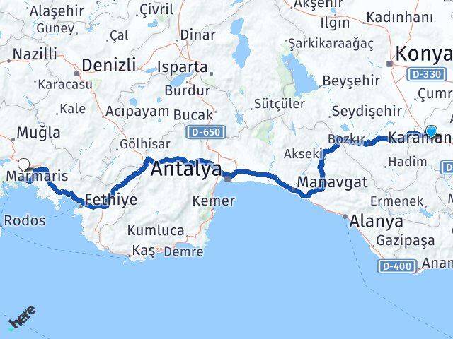 Karaman Kazımkarabekir Muğla Arası Kaç Km - Yol Haritası