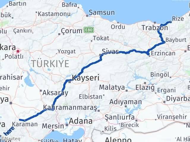 Karaman Kazımkarabekir Rize Arası Kaç Km - Yol Haritası