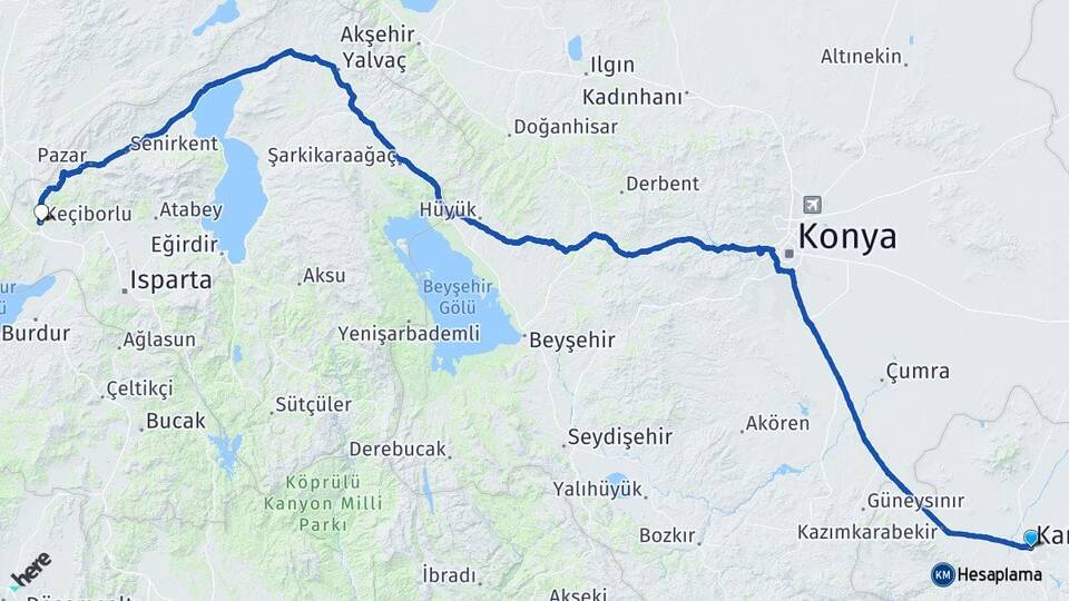 Karaman Keçiborlu Isparta Arası Kaç Km - Yol Haritası