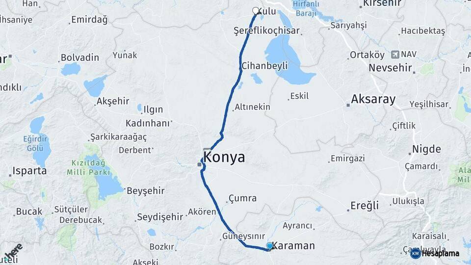 Karaman Kulu Konya Arası Kaç Km - Yol Haritası