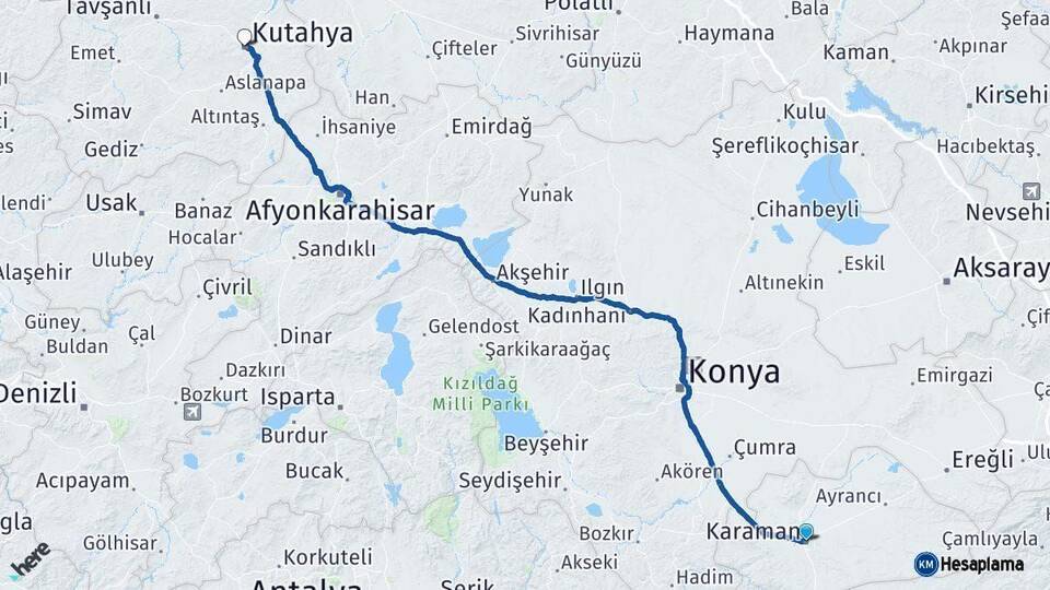 Karaman Kütahya Arası Kaç Km - Yol Haritası