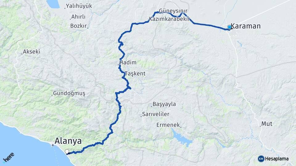 Karaman Mahmutlar Alanya Antalya Arası Kaç Km - Yol Haritası