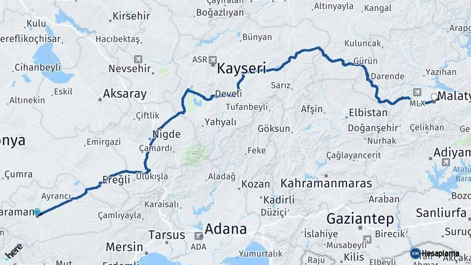 Karaman Malatya Arası Kaç Km - Yol Haritası