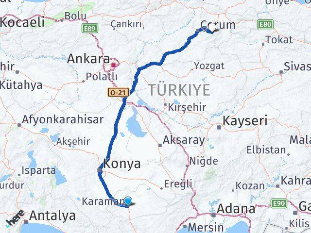 Karaman Mecitözü Çorum Arası Kaç Km - Yol Haritası