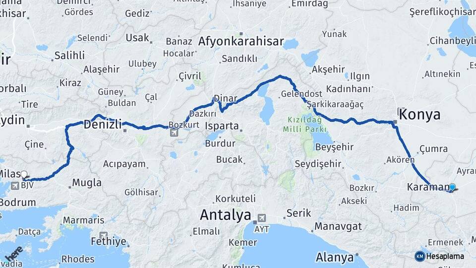 Karaman Milas Muğla Arası Kaç Km - Yol Haritası