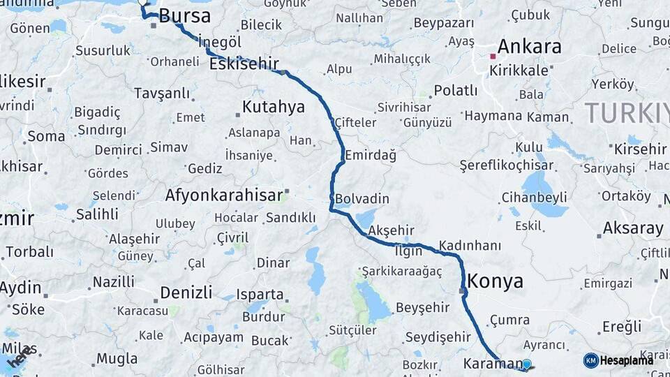 Karaman Mudanya Bursa Arası Kaç Km - Yol Haritası