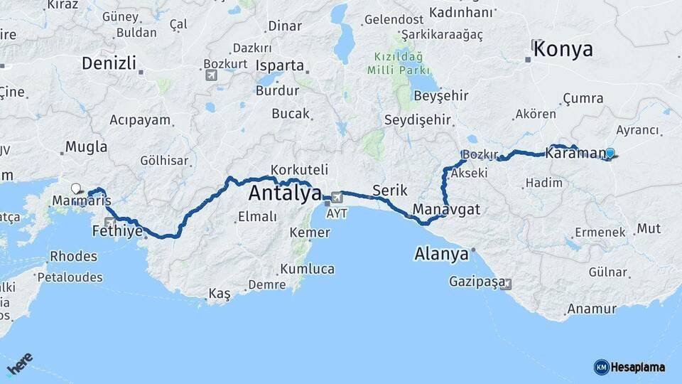 Karaman Muğla Arası Kaç Km - Yol Haritası