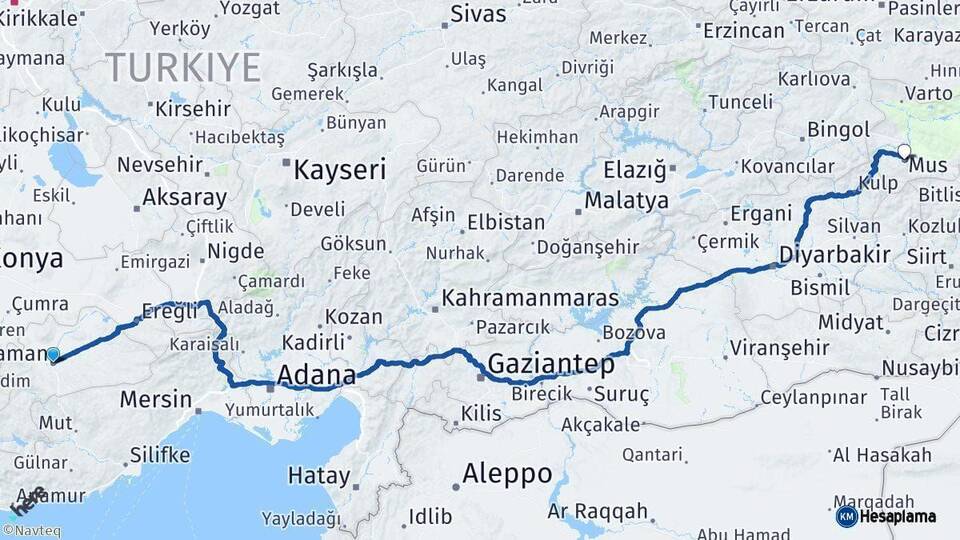 Karaman Muş Arası Kaç Km - Yol Haritası