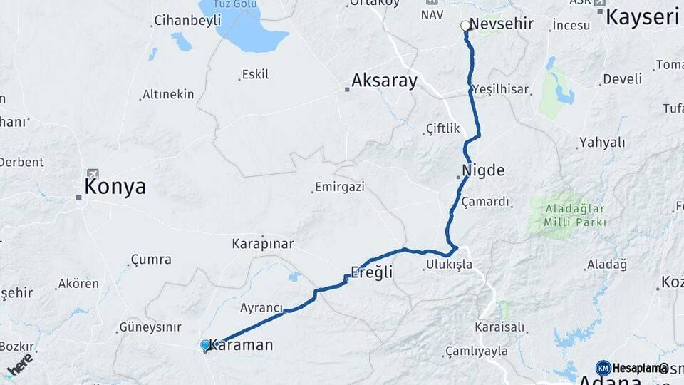 Karaman Nevşehir Arası Kaç Km - Yol Haritası