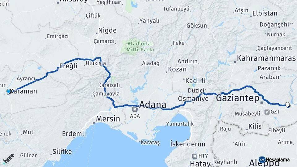 Karaman Nizip Gaziantep Arası Kaç Km - Yol Haritası