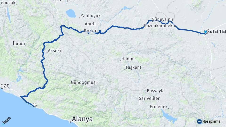 Karaman Okurcalar Alanya Antalya Arası Kaç Km - Yol Haritası