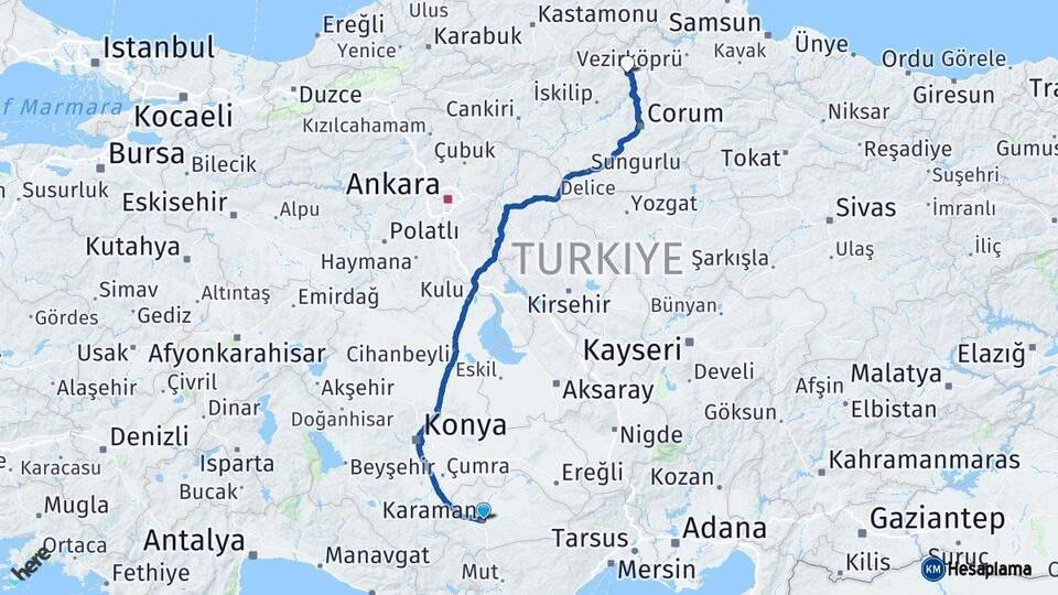 Karaman Osmancık Çorum Arası Kaç Km - Yol Haritası