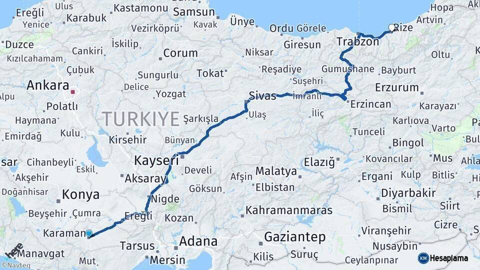 Karaman Rize Arası Kaç Km - Yol Haritası