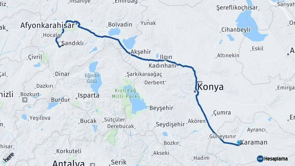 Karaman Sandıklı Afyonkarahisar Arası Kaç Km - Yol Haritası