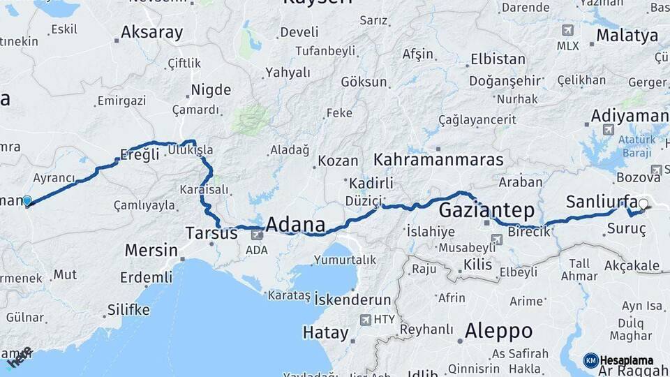Karaman Şanlıurfa Arası Kaç Km - Yol Haritası