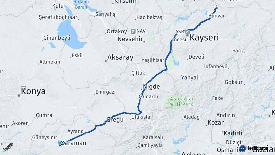 Karaman Sarıoğlan Kayseri Arası Kaç Km - Yol Haritası