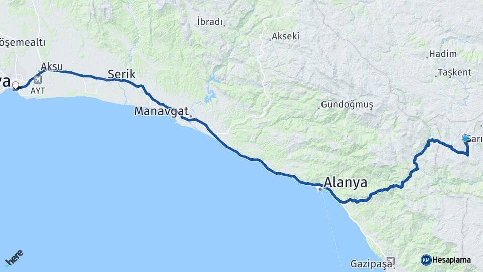 Sarıveliler Antalya Arası Kaç Km - Yol Tarifi