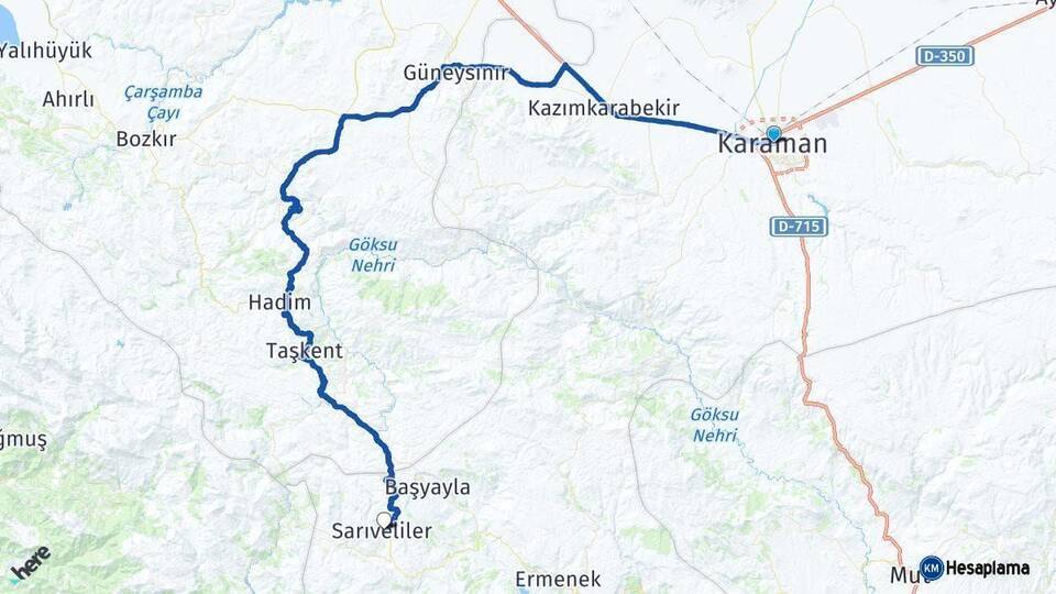 Karaman Sarıveliler Arası Kaç Km - Yol Haritası