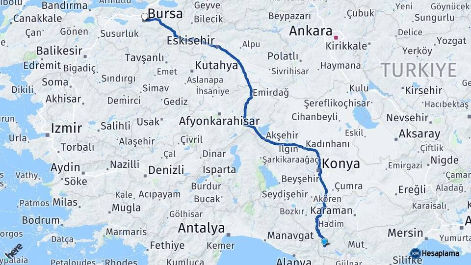 Karaman Sarıveliler Bursa Arası Kaç Km - Yol Haritası