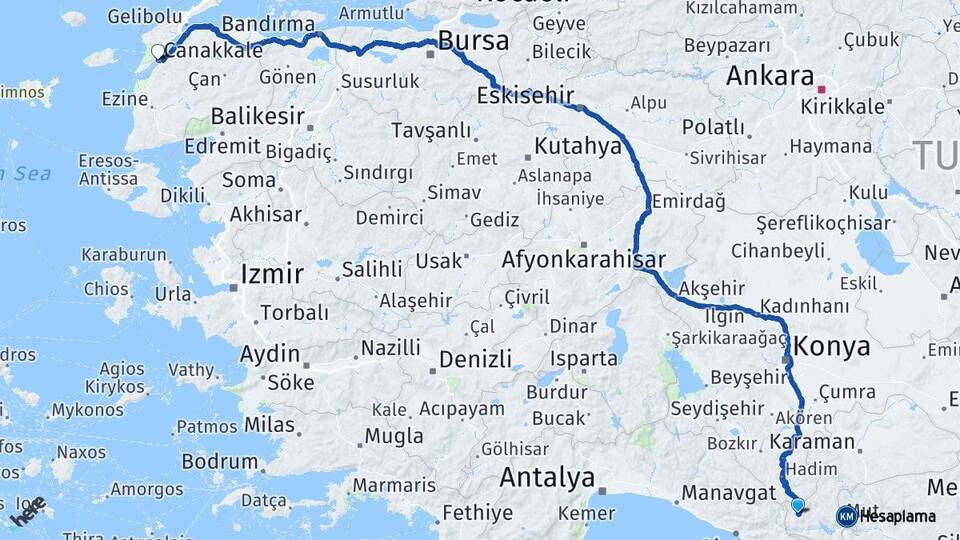Karaman Sarıveliler Çanakkale Arası Kaç Km - Yol Haritası