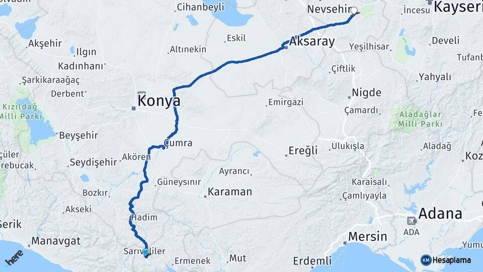 Karaman Sarıveliler Nevşehir Arası Kaç Km - Yol Haritası