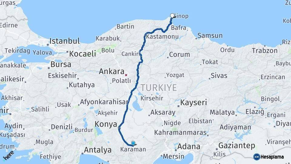 Karaman Sinop Arası Kaç Km - Yol Haritası