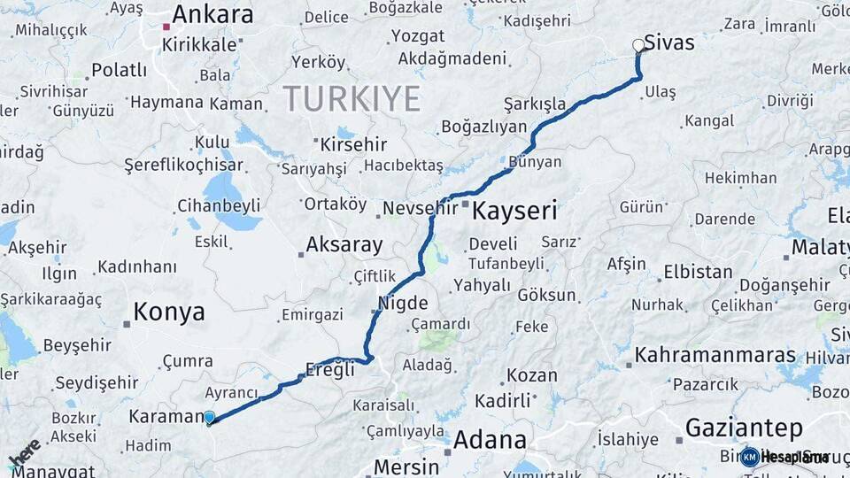 Karaman Sivas Arası Kaç Km - Yol Haritası