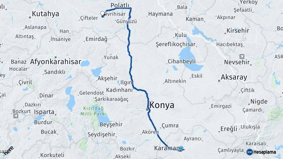 Karaman Sivrihisar Eskişehir Arası Kaç Km - Yol Haritası