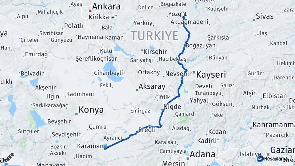 Karaman Sorgun Yozgat Arası Kaç Km - Yol Haritası