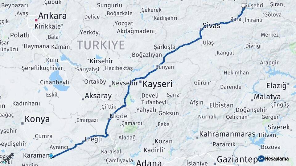 Karaman Suşehri Sivas Arası Kaç Km - Yol Haritası