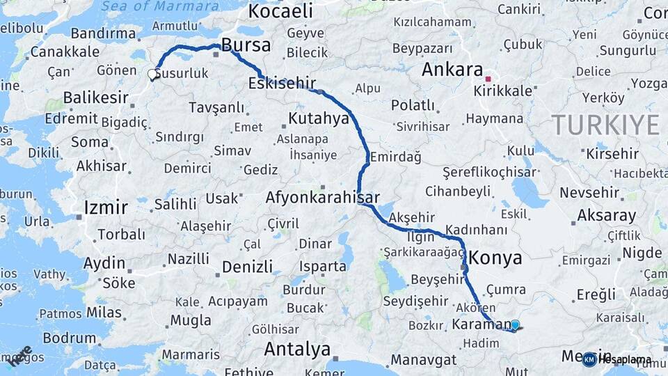 Karaman Susurluk Balıkesir Arası Kaç Km - Yol Haritası