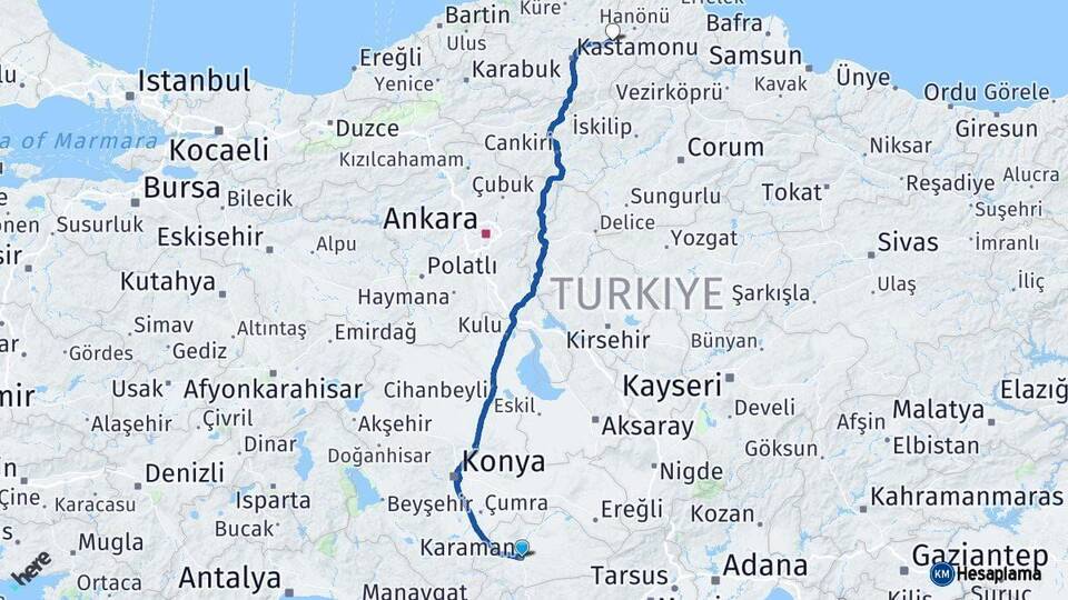 Karaman Taşköprü Kastamonu Arası Kaç Km - Yol Haritası