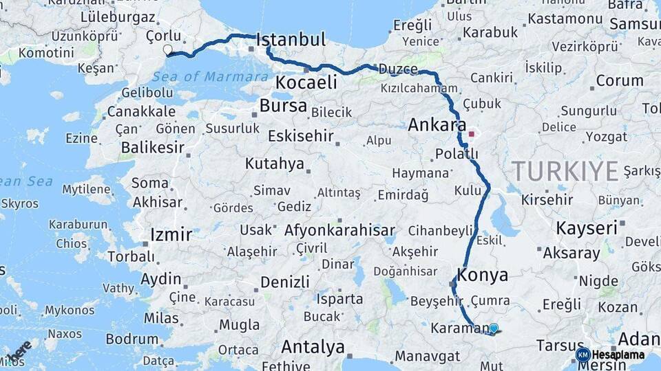 Karaman Tekirdağ Arası Kaç Km - Yol Haritası