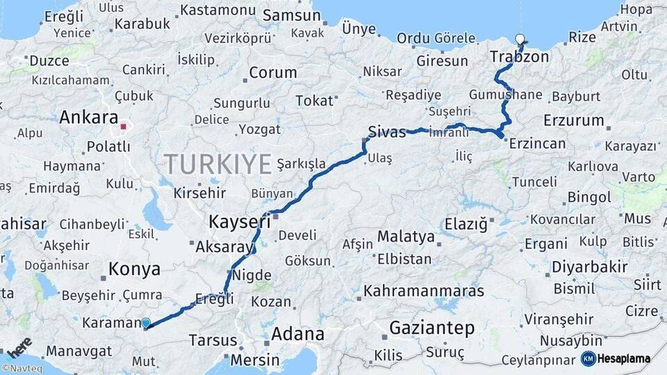 Karaman Trabzon Arası Kaç Km - Yol Haritası