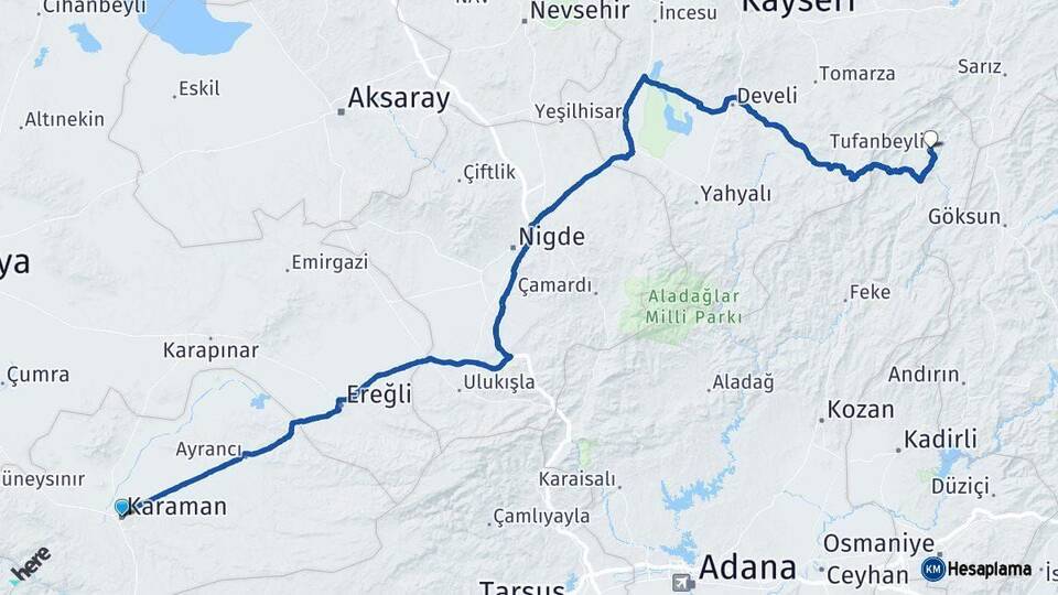 Karaman Tufanbeyli Adana Arası Kaç Km - Yol Haritası