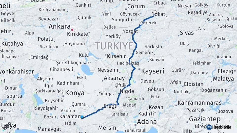 Karaman Turhal Tokat Arası Kaç Km - Yol Haritası