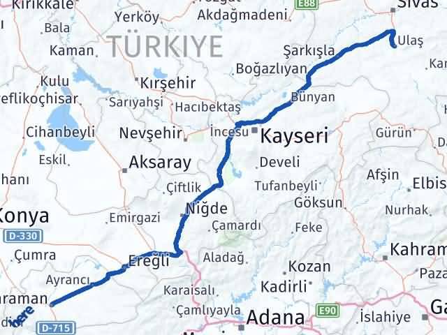 Karaman Ulaş Sivas Arası Kaç Km - Yol Haritası