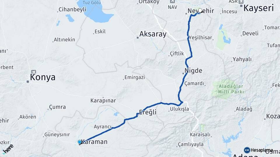 Karaman Ürgüp Nevşehir Arası Kaç Km - Yol Haritası