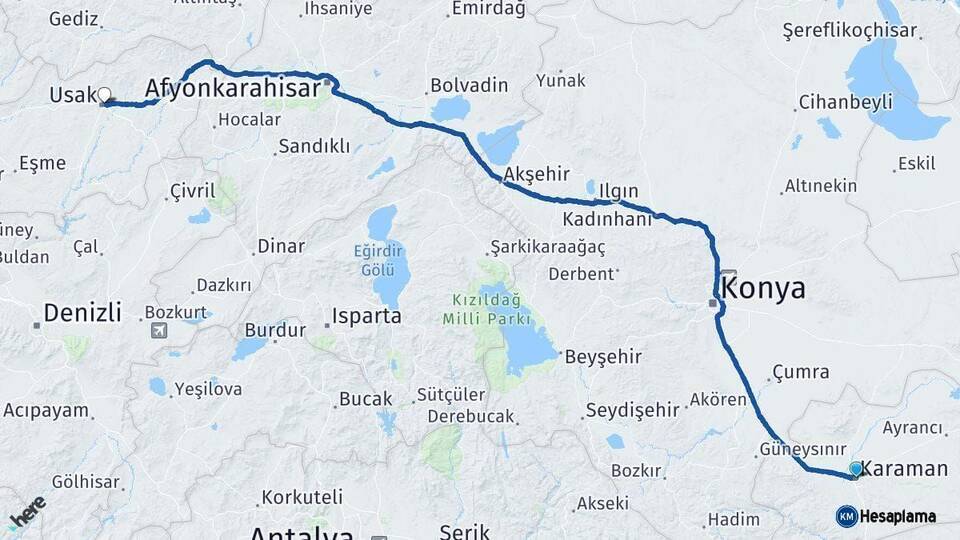 Karaman Uşak Arası Kaç Km - Yol Haritası