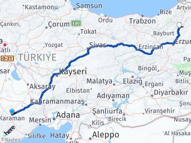 Karaman Uzundere Erzurum Arası Kaç Km - Yol Haritası