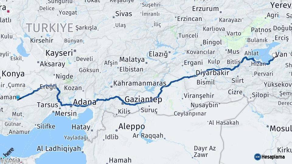 Karaman Van Arası Kaç Km - Yol Haritası