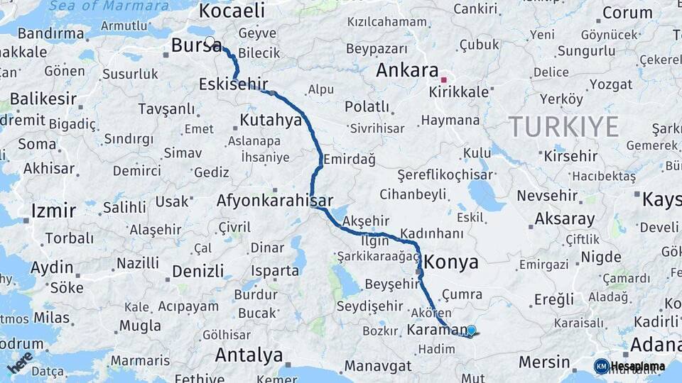 Karaman Yenişehir Bursa Arası Kaç Km - Yol Haritası