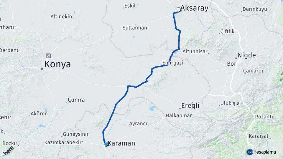 Karaman Yollarbaşı Arası Kaç Km - Yol Haritası